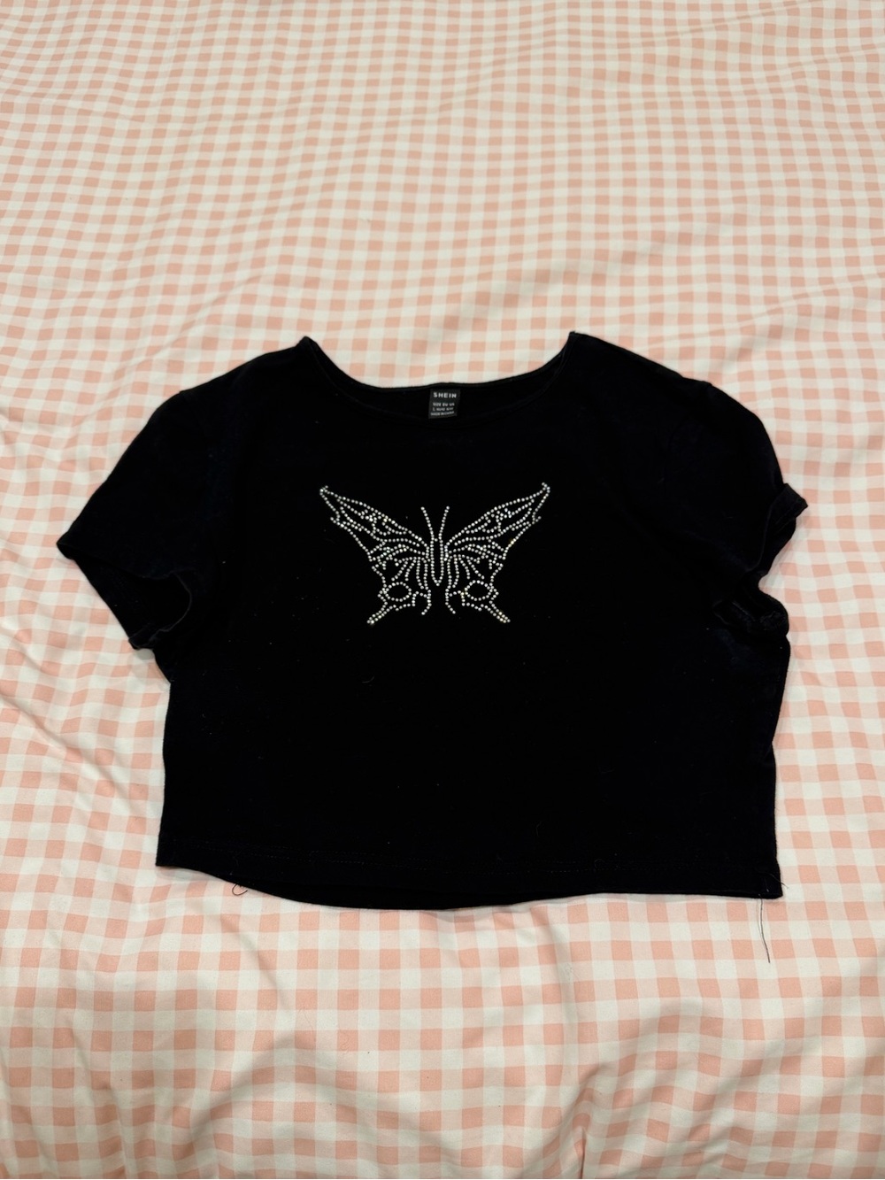 Black Rhinestone Butterfly Cropped Tee